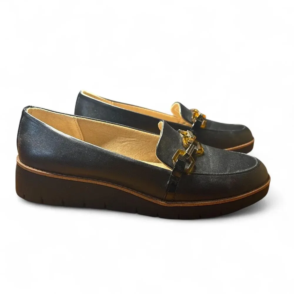 Lifestride Women's Black and Gold Loafers Tortoise Shell Accents Comfort SlipOn